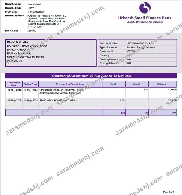 India Utkarsh Small Finance Bank statement of account Word and PDF template